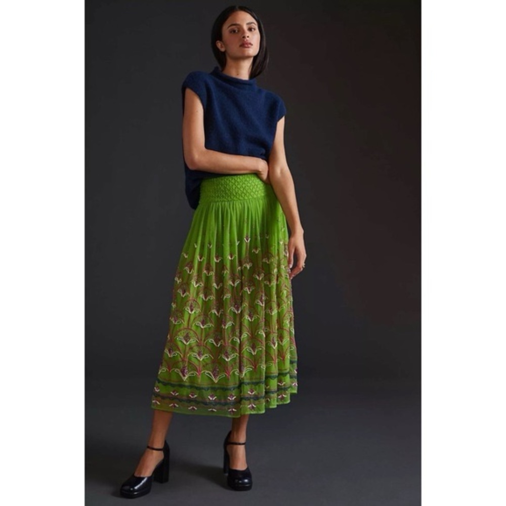 Anthropologie | Beaded Green Tulle Beaded Midi Skirt | Size S